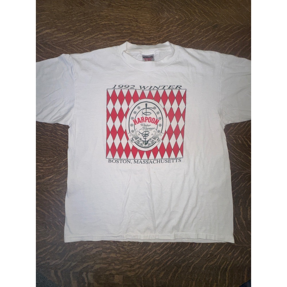 Vintage 1992 Harpoon Winter Warmer Beer T-Shirt Oneita Single Stitch USA Sz L